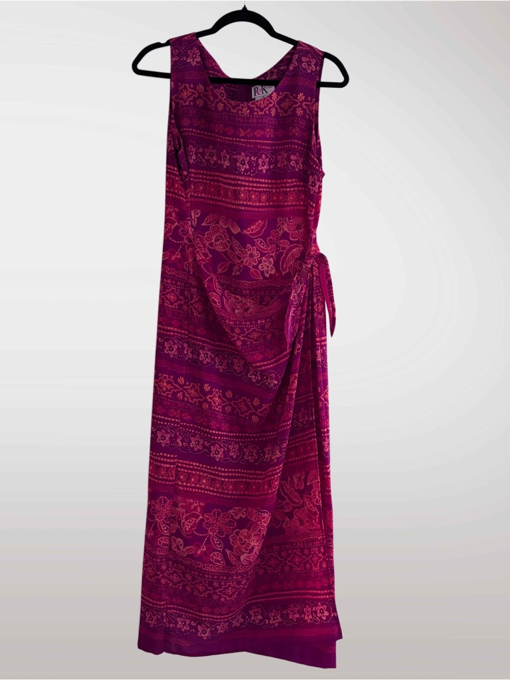 R&K Originals Maxi Dress 10 Sleeveless Faux Wrap Magenta Floral Boho Tropical
